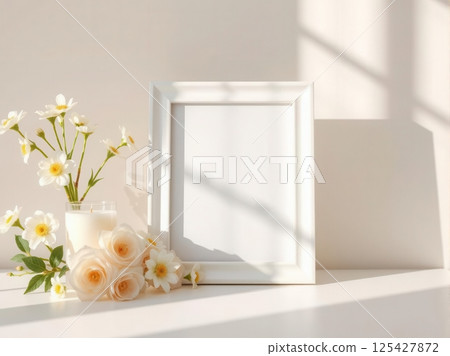 Vibrant white frame with assorted candies and fresh flowers, festive decorative border Vibrant white frame with assorted candies and fresh flowers, festive decorative border 125427872