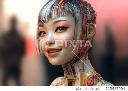 Asians who are conscious of the trends of 2100: Unconventional hair and makeup styles for women created using AI (horizontal photo) 125427904