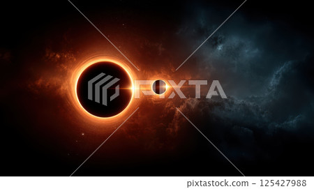 glowing black hole with smaller celestial body nearby in space glowing black hole with smaller celestial body nearby in space 125427988