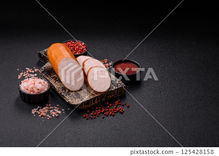 Delicious fresh boiled chicken or pork sausage cut into slices Delicious fresh boiled chicken or pork sausage cut into slices 125428158