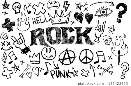 Rock doodle illustration with punk elements and hand-drawn style. Grungy music-related symbols with rebellious energy. 125428253
