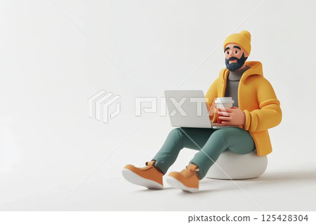 3D cartoon freelancer sipping coffee, working on laptop, clean white backdrop, colorful minimalist vibe. 125428304