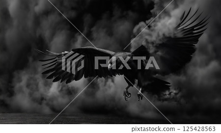 Dark eagle flying through smoke 125428563