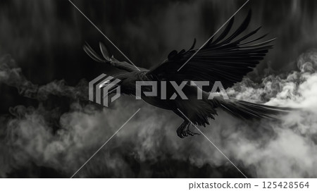 Dark eagle flying through smoke 125428564