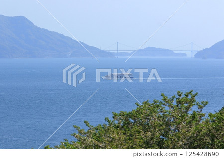 A luxury cruise ship sailing slowly through the calm Seto Inland Sea on a spring day 125428690