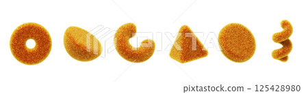 3d fur fluffy geometric shape icon set with yellow orange gradient. Abstract soft plush triangle, cylinder, half sphere, ring, spiral line with hair texture, isolated render elements. 3D illustration 125428980
