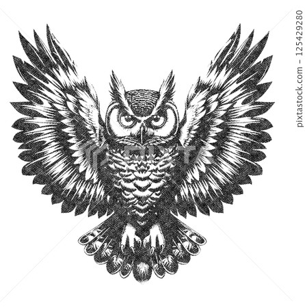 Owl Illustration with Risograph Overprint and Retro Texture 125429280