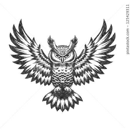 Owl Illustration with Risograph Overprint and Retro Texture Owl Illustration with Risograph Overprint and Retro Texture 125429311