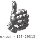 Mens Thumbs Up Hand Illustration with Risograph Overprint and Retro Texture on White Background 125429313