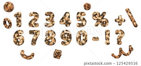 3d leopard print font, fluffy numbers from 0 to 9. Digits, symbols and abstract geometric shapes with wild african cat skin texture, cheetah fur pattern. Isolated render icon set. 3D illustration 3d leopard print font, fluffy numbers from 0 to 9. Digits, symbols and abstract geometric shapes with wild african cat skin texture, cheetah fur pattern. Isolated render icon set. 3D illustration 125429316