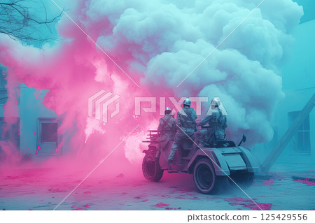 Futuristic post-apocalypse action scene with hero in sci-fi style. Vaporwave surreal shot with pink and blue smoke. Generated AI. Futuristic post-apocalypse action scene with hero in sci-fi style. Vaporwave surreal shot with pink and blue smoke. Generated AI. 125429556