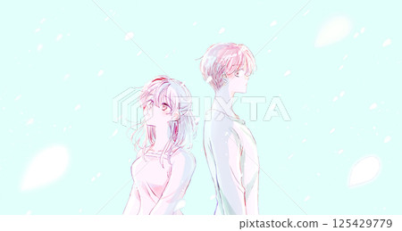 A man and woman standing back to back, a sad shower of cherry blossoms 125429779