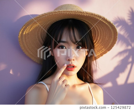 A woman wearing a straw hat A woman wearing a straw hat 125429872