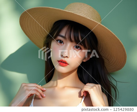 A woman wearing a straw hat A woman wearing a straw hat 125429880