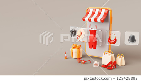 3d online fashion shop banner. Render smartphone with dress, shoes, skirt on swipe glass screen for choose women clothes in internet store app with shopping bag, gift box and cosmetic. 3D illustration 3d online fashion shop banner. Render smartphone with dress, shoes, skirt on swipe glass screen for choose women clothes in internet store app with shopping bag, gift box and cosmetic. 3D illustration 125429892