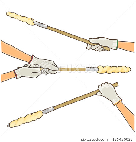 一組戴著手套的手拿著未烤過的麵包棒的插圖 125430023