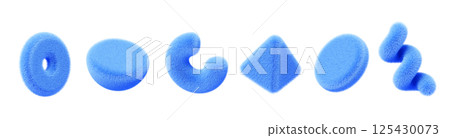 Blue fur fluffy geometric 3d shapes render icon set. Cute furry triangle, cylinder, half sphere, ring, spiral line with hair texture. Abstract soft plush figures, isolated elements. 3D illustration 125430073