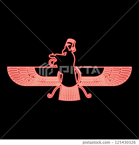 Neon zoroastrism religion Faravahar Zorostrian symbol Parsi red color vector illustration image flat style Neon zoroastrism religion Faravahar Zorostrian symbol Parsi red color vector illustration image flat style 125430326