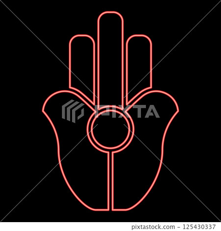 Neon symbol Natib Qadish Kappu palm Hamsa Levantian neo paganism neopaganism religious symbol Hand indian paganism red color vector illustration image flat style 125430337