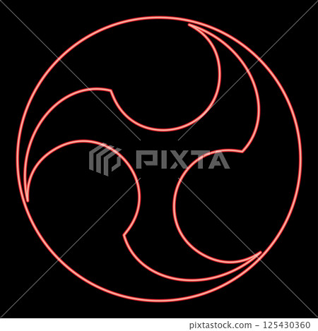 Neon tomoe symbol religious sign Japanese religions Oriental three petal red color vector illustration image flat style 125430360