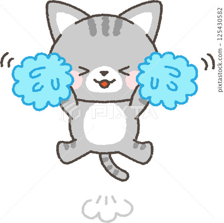 A tabby cat cheering with a pom-pom 125430582