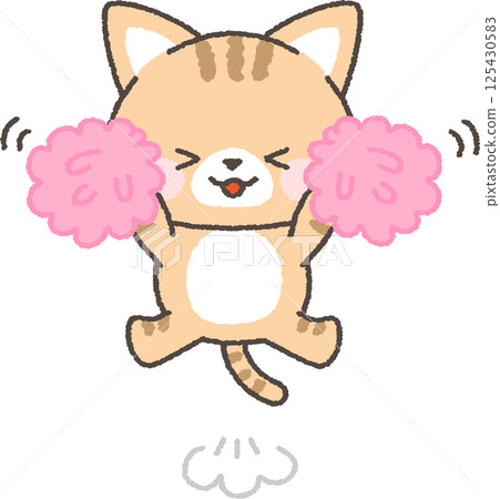 Brown tabby cat cheering with pom-poms 125430583