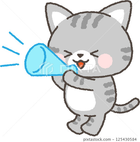 一隻虎斑貓拿著擴音器歡呼 125430584