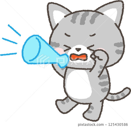 A tabby cat shouting with a megaphone 125430586