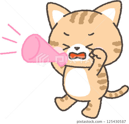 Brown tabby cat shouting with a megaphone 125430587