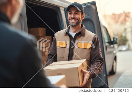 Express parcel delivery with smiling courier outdoors 125430713