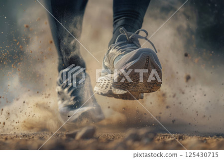Close-up of trail runner feet wearing running shoes on dusty ground 125430715