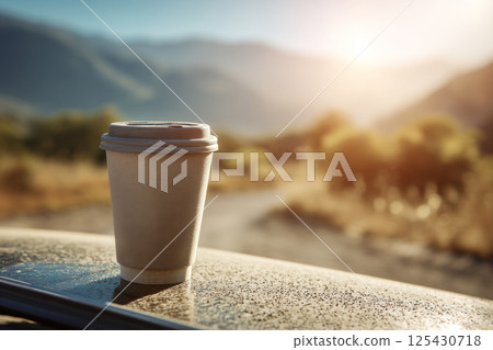Coffee cup on car hood with scenic road in background 125430718