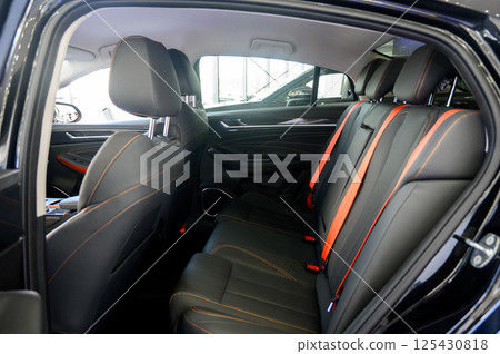 Interior of a modern car with black leather seats Interior of a modern car with black leather seats 125430818