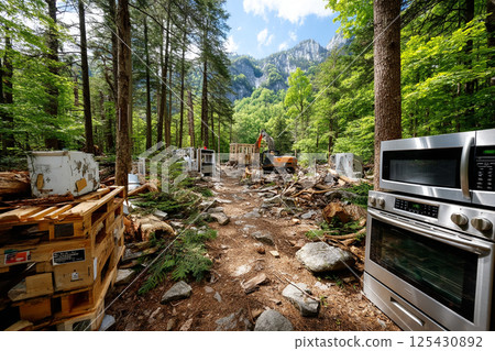 Illegally dumped home appliances abandoned deep in the mountains, a scene symbolizing environmental issues 125430892