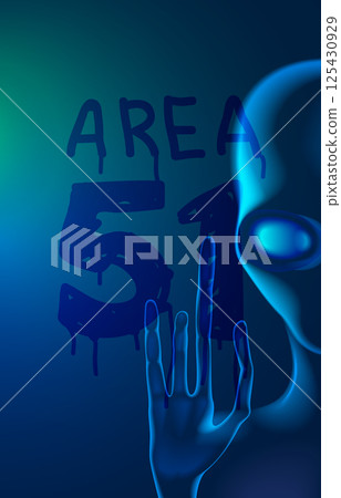 An alien in prison in a glass cell writes on the fogged glass words area 51. Background or poster for World UFO Day. Area 51 in Nevada. The head of an alien with big eyes. Hands with long fingers. 125430929