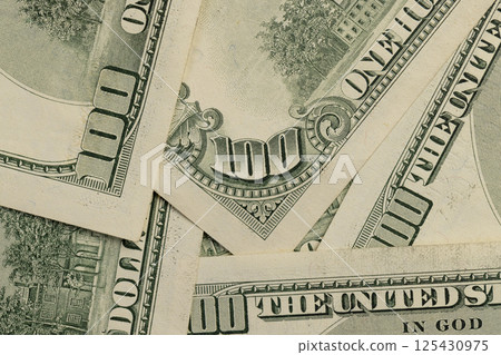 one hundred genuine dollars series from 1990 to 2006, old American dollars in face value of 100, close up 125430975