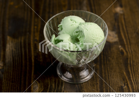 cold ice cream with mint flavor and smell, natural ice cream with mint flavor 125430993