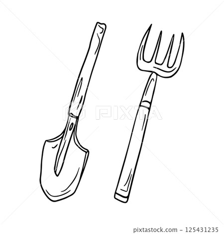 Illustration of garden tools - shovels and pitchforks. Monochrome hand-drawn drawing of working equipment. Design books for farmers, fair booklets, and literature for preschools. 125431235