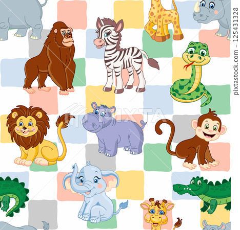 Seamless bright pattern with african animals. lion, elephant, giraffe, rhinoceros, monkey, snake, crocodile. hippopotamus 125431328