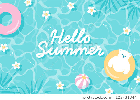 背景插圖：一隻戴著游泳圈的北極熊漂浮在夏季泳池和鮮花中 125431344