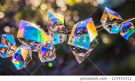 A cluster of colorful glass beads are suspended in the air 125431412