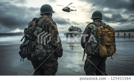 Cinematic of World War II soldiers. Military operation and War Concept. Generative Ai. Cinematic of World War II soldiers. Military operation and War Concept. Generative Ai. 125431564
