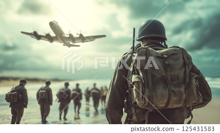 Cinematic of World War II soldiers. Military operation and War Concept. Generative Ai. Cinematic of World War II soldiers. Military operation and War Concept. Generative Ai. 125431583