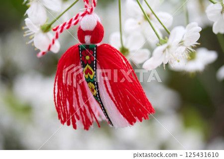 Bulgarian traditional spring decor Martenitsa on the cherry blossom tree. Baba Marta holiday. Bulgarian traditional spring decor Martenitsa on the cherry blossom tree. Baba Marta holiday. 125431610