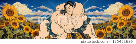Sumo wrestler and sunflower field 125431686