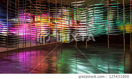 A room with a wall of colorful stripes and a floor of shiny metal 125431809