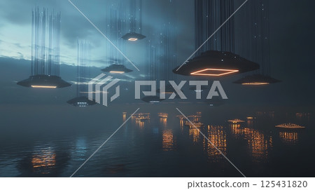A group of glowing, floating objects are suspended above a body of water 125431820