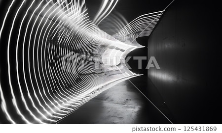 A long, narrow tunnel with white lines on the walls A long, narrow tunnel with white lines on the walls 125431869