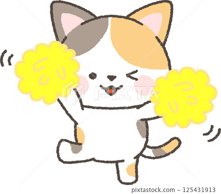 Calico cat cheering with pom-poms 125431913