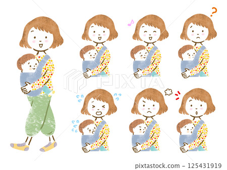 Set of facial expressions of a mother holding a baby in a baby carrier Set of facial expressions of a mother holding a baby in a baby carrier 125431919